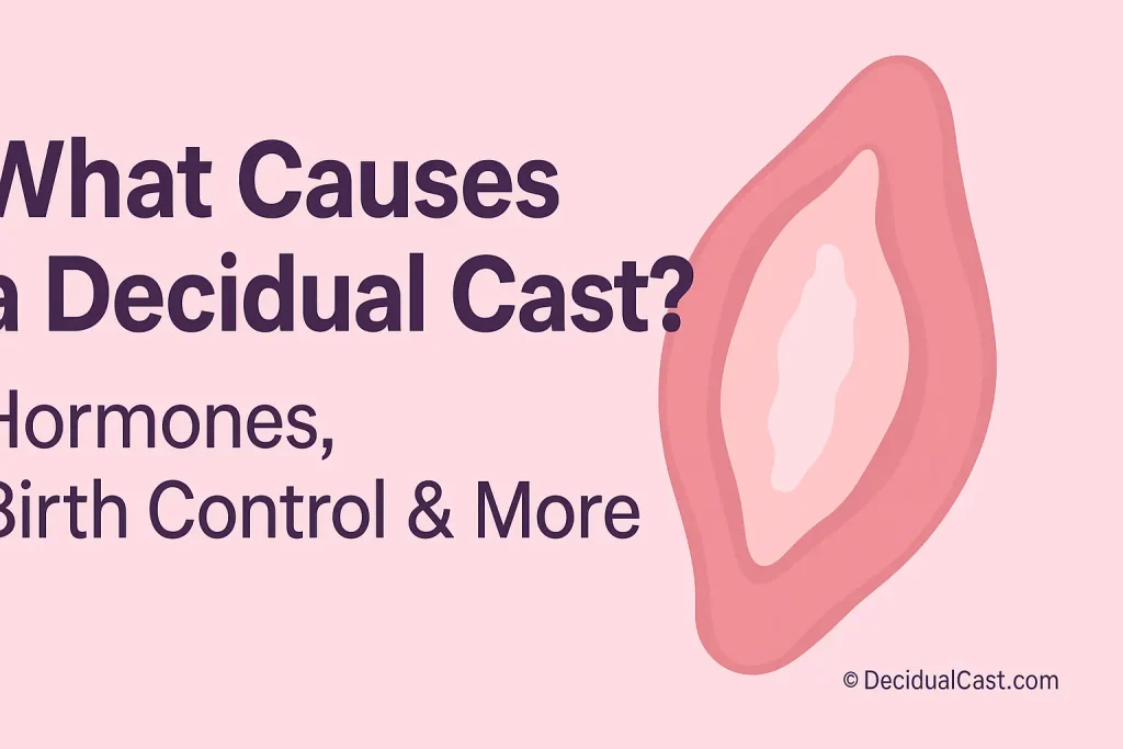 Medical infographic showing the hormonal causes of a decidual cast, including progesterone and estrogen imbalance, birth control side effects, and uterine lining changes.