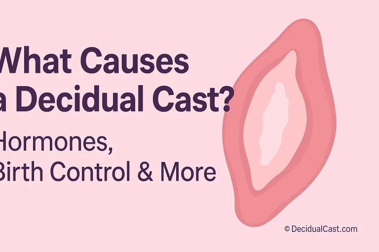 Medical infographic showing the hormonal causes of a decidual cast, including progesterone and estrogen imbalance, birth control side effects, and uterine lining changes.