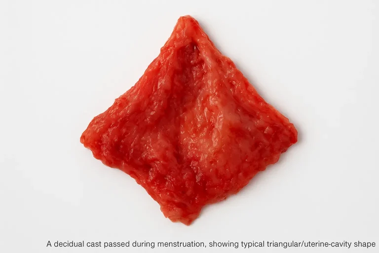 A decidual cast passed during menstruation, showing typical triangular/uterine-cavity shape.
