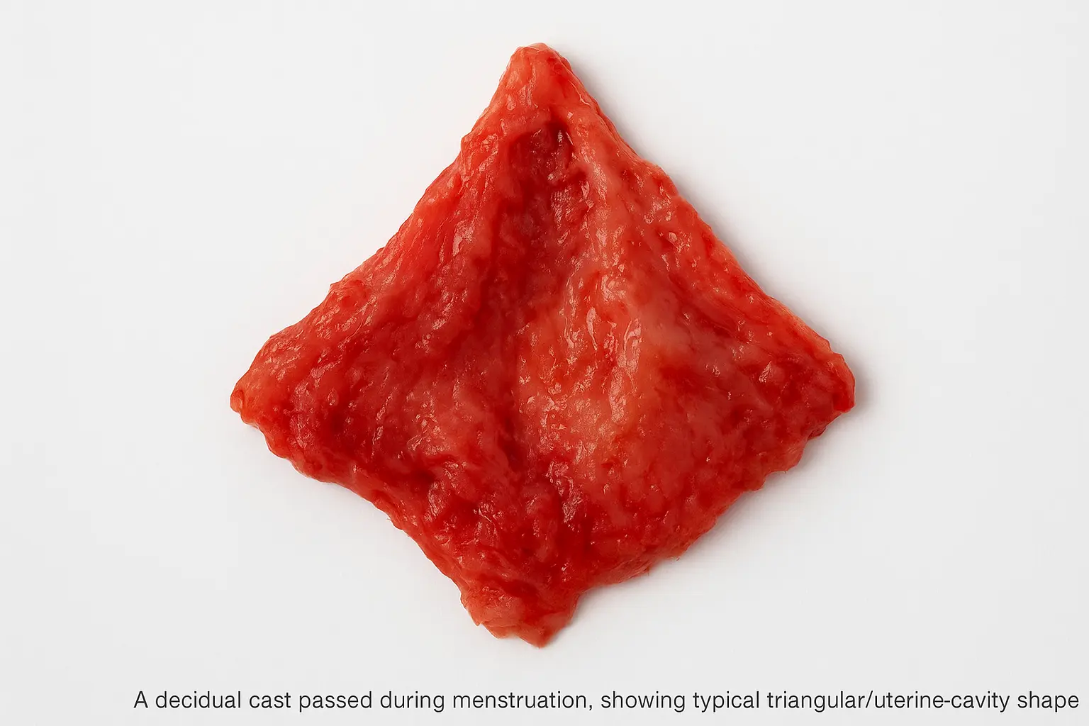 A decidual cast passed during menstruation, showing typical triangular/uterine-cavity shape.