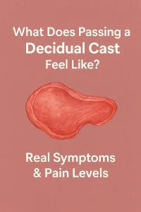 Illustration showing a decidual cast with text “What Does Passing a Decidual Cast Feel Like? Real Symptoms & Pain Levels” on a soft pink background.