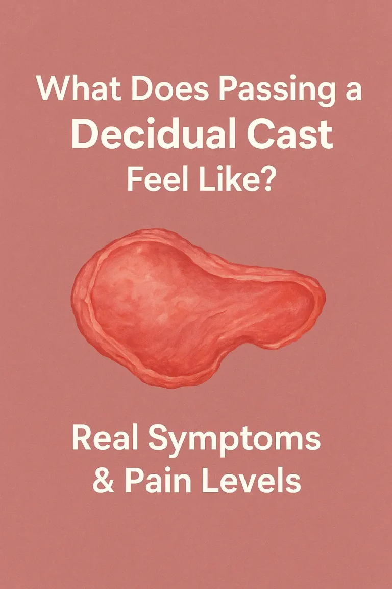Illustration showing a decidual cast with text “What Does Passing a Decidual Cast Feel Like? Real Symptoms & Pain Levels” on a soft pink background.