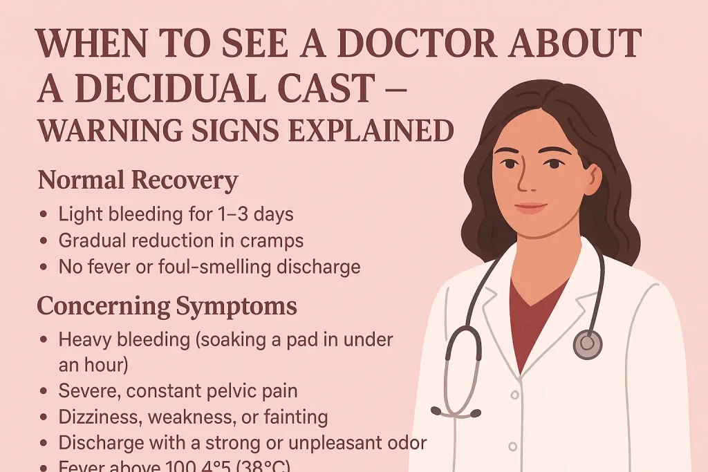 A woman consulting her gynecologist after passing a decidual cast, representing medical care and warning signs.