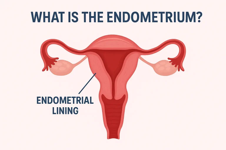 Medical diagram showing uterus and labeled endometrial lining — explanation of what the endometrium is.