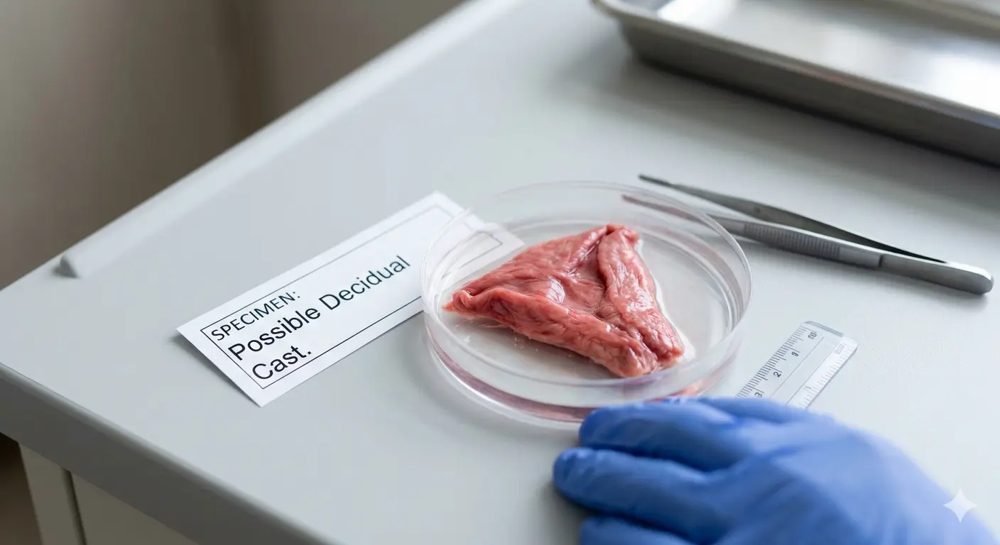 Close-up intact decidual cast tissue