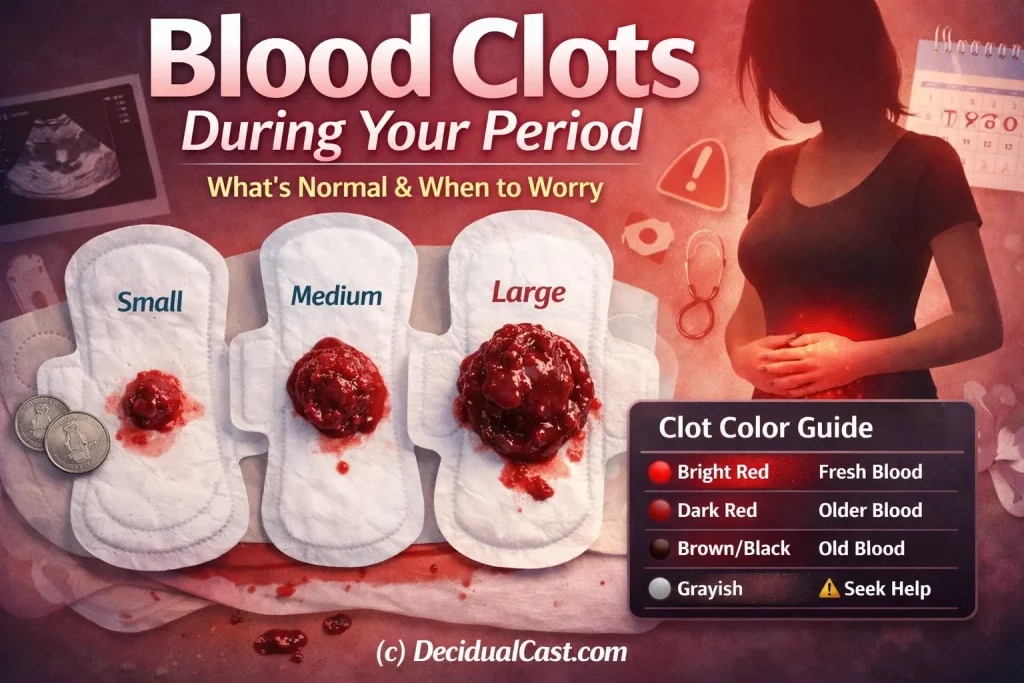 Blood clots during period size comparison chart showing small medium large clots with color guide bright red dark brown meaning