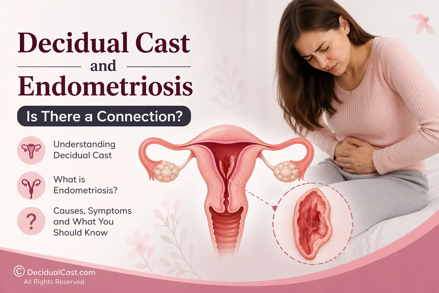 Decidual cast and endometriosis medical illustration showing uterine inflammation