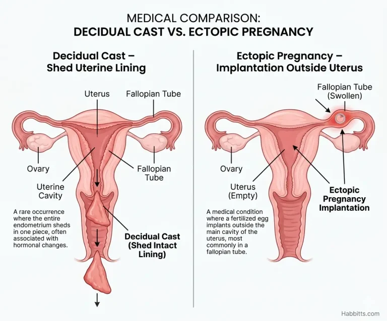 Decidual cast vs ectopic pregnancy comparison showing uterine lining shed and fallopian tube implantation