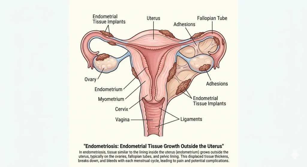 Diagram showing endometriosis in female reproductive system anatomy