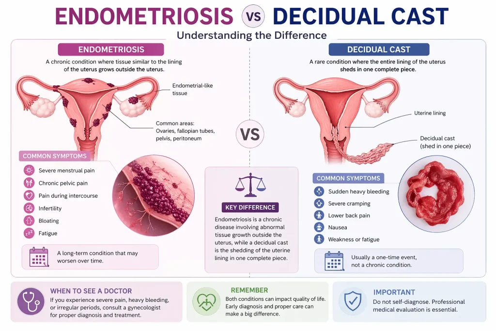 Endometriosis vs decidual cast comparison medical infographic showing symptoms and uterine differences
