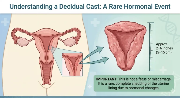 Decidual cast size comparison showing uterine lining tissue next to hand and ruler explaining how big a decidual cast can be