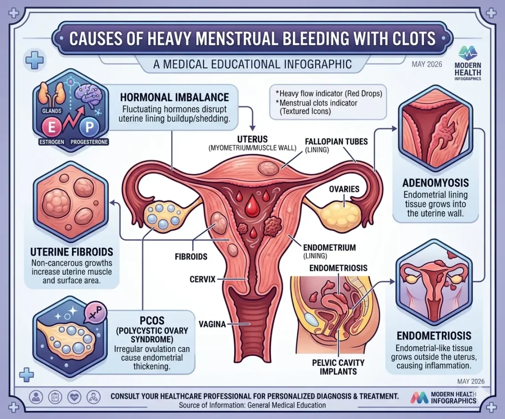 Infographic showing causes of heavy menstrual bleeding with clots such as fibroids and hormonal imbalance