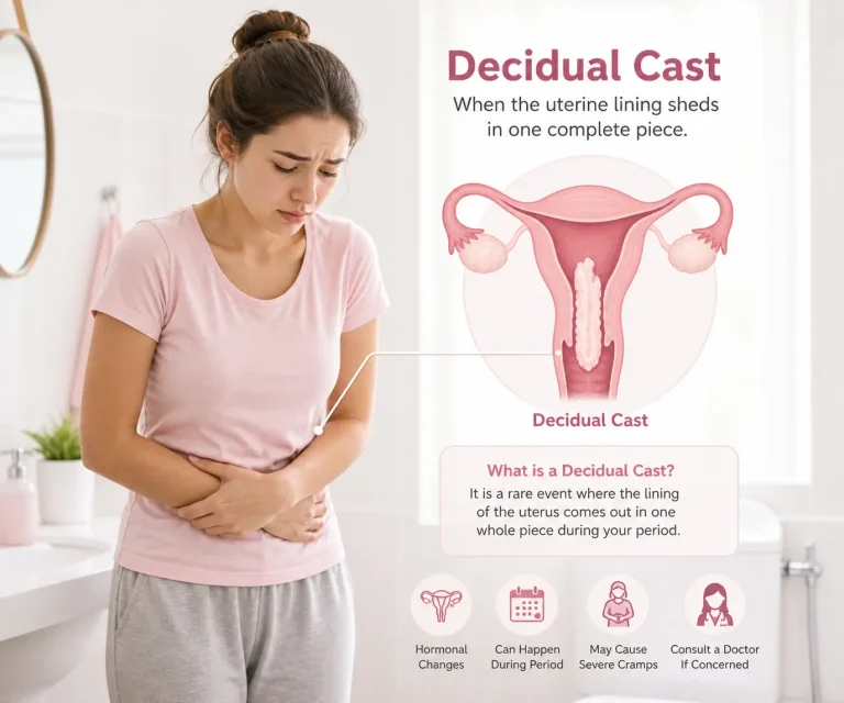 Decidual cast period showing shedding of uterine lining in one piece during menstruation