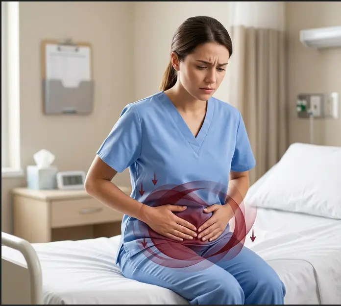 Woman experiencing heavy menstrual bleeding with clots, holding lower abdomen in discomfort