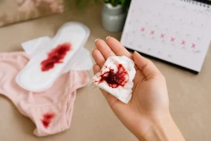 Large blood clots during period shown with menstrual blood on sanitary pad and tissue representing heavy menstrual bleeding symptoms