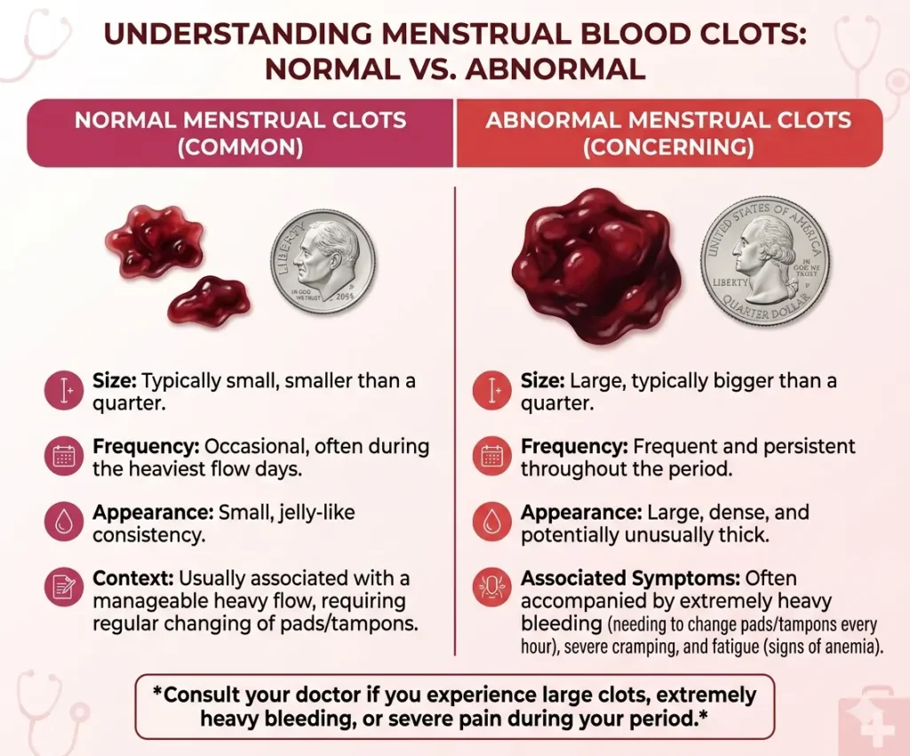 Comparison chart showing normal and abnormal sizes of menstrual blood clots