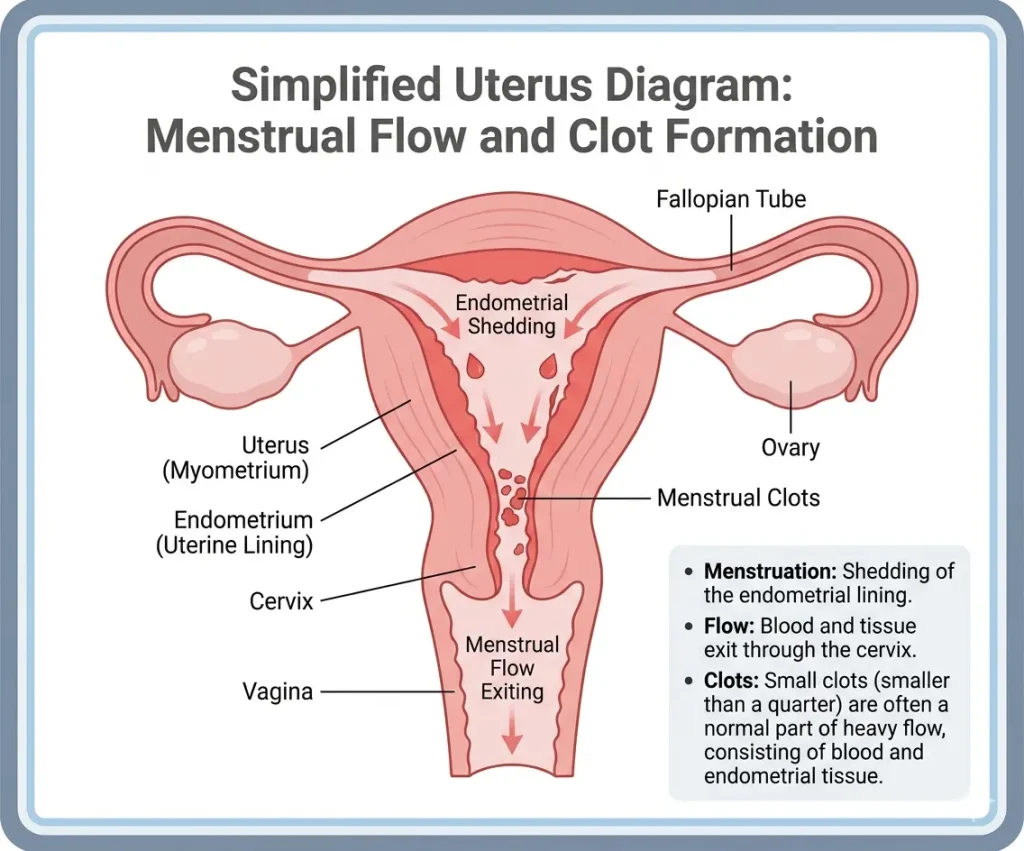 Diagram showing how blood clots form inside the uterus during heavy menstrual bleeding