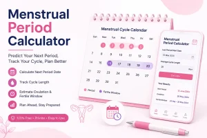 Illustration of a menstrual period calculator showing a calendar, cycle tracker, and next period prediction tool.