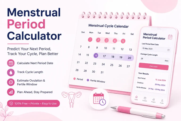 Illustration of a menstrual period calculator showing a calendar, cycle tracker, and next period prediction tool.