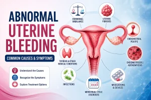 Medical illustration showing common causes of abnormal uterine bleeding including hormonal disorders, fibroids, and uterine conditions