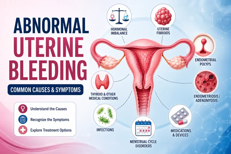 Medical illustration showing common causes of abnormal uterine bleeding including hormonal disorders, fibroids, and uterine conditions