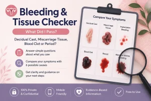 Bleeding and Tissue Checker tool comparing decidual cast, miscarriage tissue, implantation bleeding, blood clot, menstrual period, and abnormal uterine bleeding symptoms.