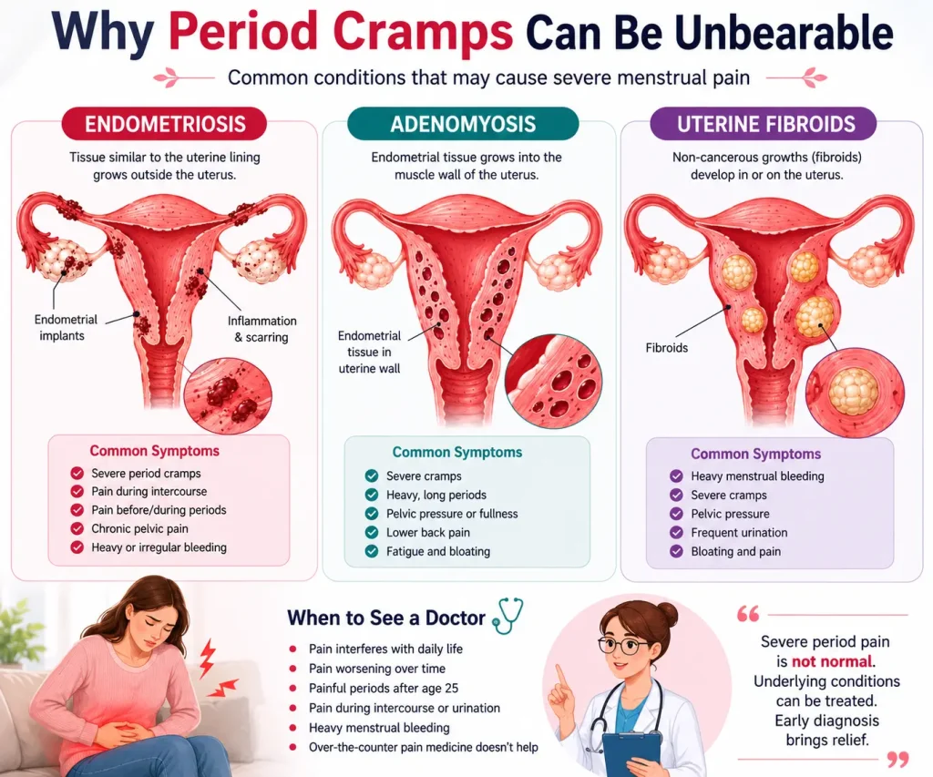 Comparison of endometriosis adenomyosis and uterine fibroids as causes of severe menstrual pain