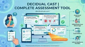 A clean, medical-themed digital illustration showcasing the Decidual Cast Complete Assessment Tool interface on a desktop and tablet. The graphic features a teal and light blue color palette, highlighting key tool components like a Symptom Checker, Visual Reference Library, Detailed History Log, and an Assessment Result Dashboard. Text elements emphasize core benefits such as understanding causes, differentiating from miscarriage, and tracking patterns. A prominent orange "Start Assessment Now" button is displayed next to a medical disclaimer at the bottom.