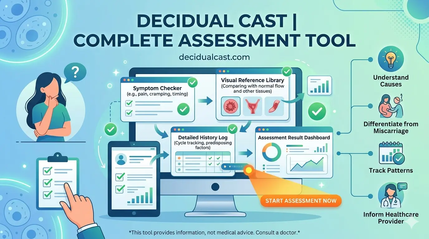 A clean, medical-themed digital illustration showcasing the Decidual Cast Complete Assessment Tool interface on a desktop and tablet. The graphic features a teal and light blue color palette, highlighting key tool components like a Symptom Checker, Visual Reference Library, Detailed History Log, and an Assessment Result Dashboard. Text elements emphasize core benefits such as understanding causes, differentiating from miscarriage, and tracking patterns. A prominent orange "Start Assessment Now" button is displayed next to a medical disclaimer at the bottom.