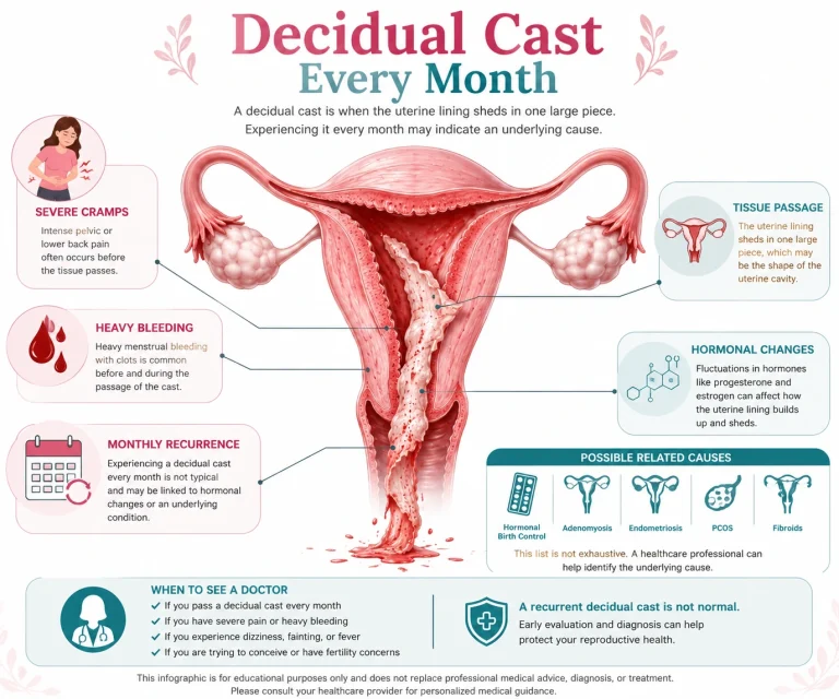 Medical illustration showing recurrent decidual cast every month with uterine lining shedding and menstrual symptoms
