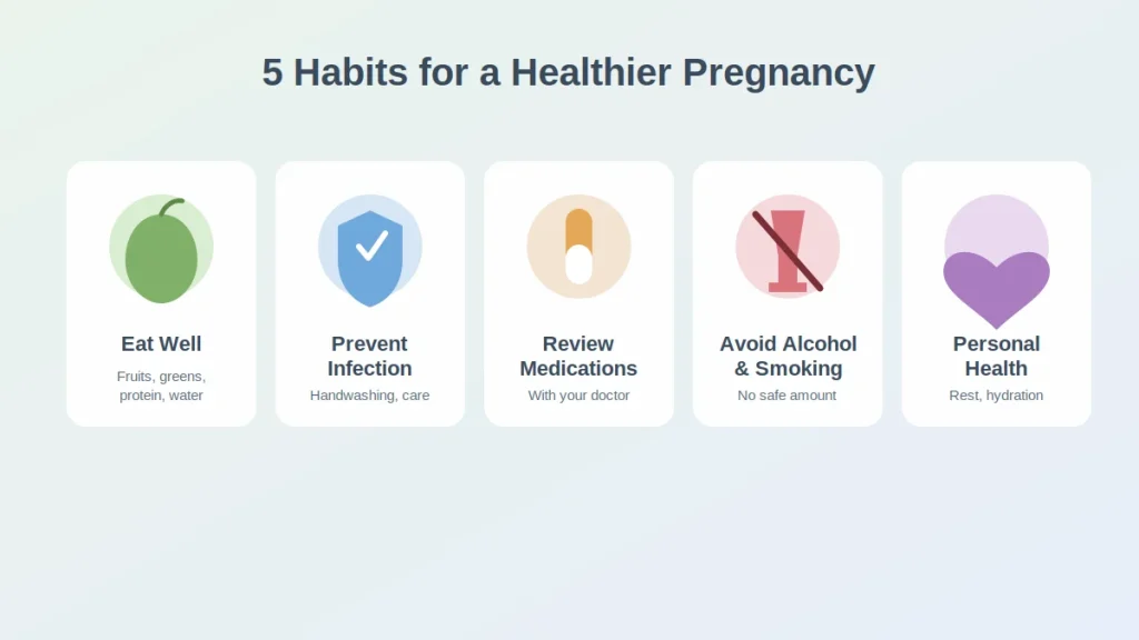 Five icons representing habits that support a healthy pregnancy: nutrition, infection prevention, medication review, avoiding alcohol and smoking, and personal health