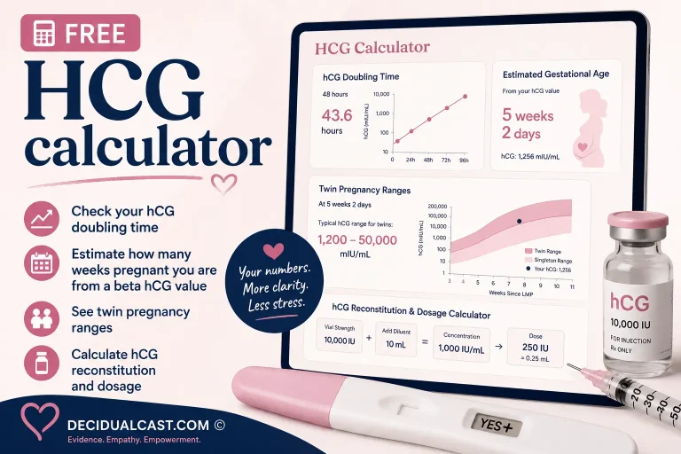 Free hCG calculator showing hCG doubling time, estimated pregnancy weeks from beta hCG values, twin pregnancy ranges, and hCG dosage calculator.