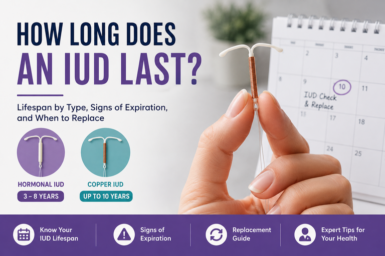IUD lifespan by brand comparison showing Skyla, Kyleena, Mirena, Liletta, and Paragard duration and replacement timeline.