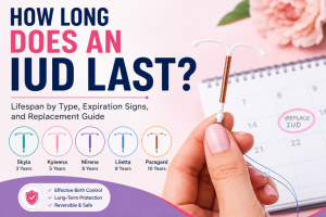How long does an IUD last infographic showing hormonal IUD lifespan of 3 to 8 years and copper IUD lifespan of up to 10 years.