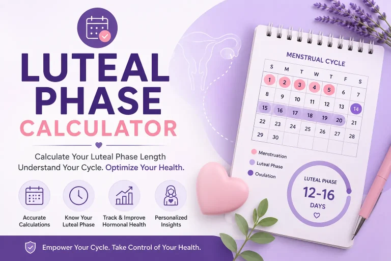 Luteal Phase Calculator showing menstrual cycle calendar to calculate luteal phase length, ovulation, and fertile window.