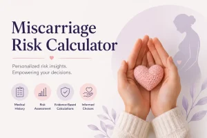 Miscarriage Risk Calculator illustration showing supportive hands holding a heart with a pregnant woman silhouette representing pregnancy risk assessment.