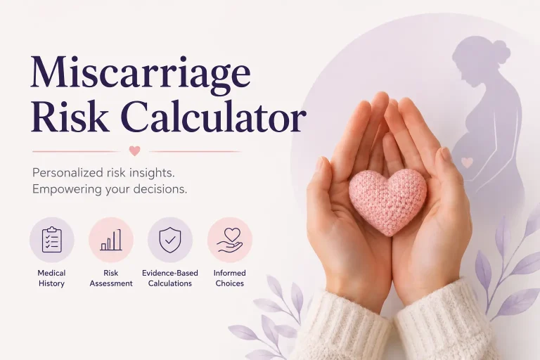 Miscarriage Risk Calculator illustration showing supportive hands holding a heart with a pregnant woman silhouette representing pregnancy risk assessment.