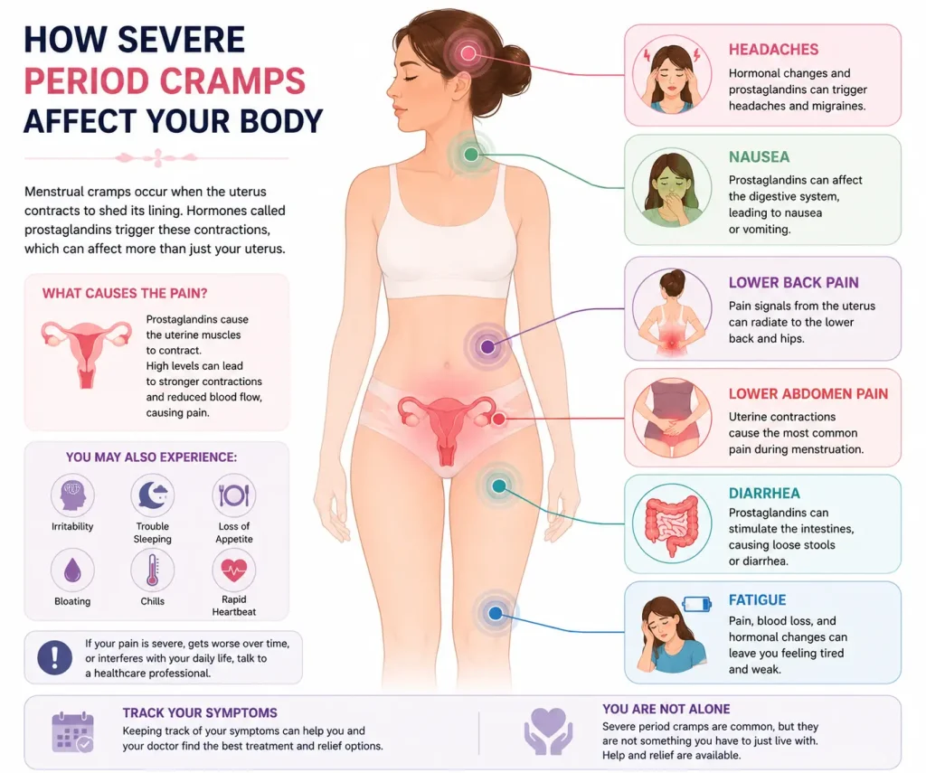 Diagram showing how severe period cramps can cause nausea diarrhea headaches and lower back pain