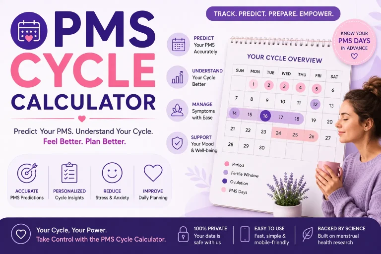PMS Cycle Calculator with menstrual calendar to predict PMS symptoms, track cycle phases, and estimate upcoming premenstrual days.