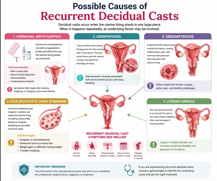 Comparison infographic showing common causes of recurrent decidual casts including birth control adenomyosis endometriosis PCOS and fibroids