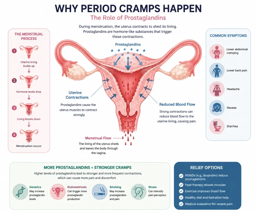 Medical illustration showing uterine contractions caused by prostaglandins during menstruation