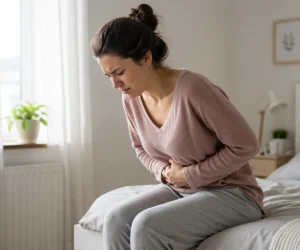 Woman experiencing unbearable period cramps while holding her lower abdomen during menstruation
