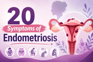 Illustration showing the 20 most common symptoms of endometriosis, including pelvic pain, severe menstrual cramps, bloating, fatigue, and reproductive organs.