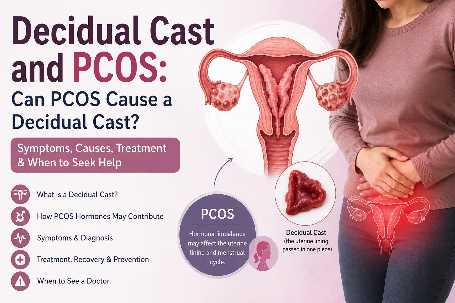 Medical illustration showing the relationship between a decidual cast and PCOS, including the uterus, hormonal changes, symptoms, and uterine lining passing as one piece.