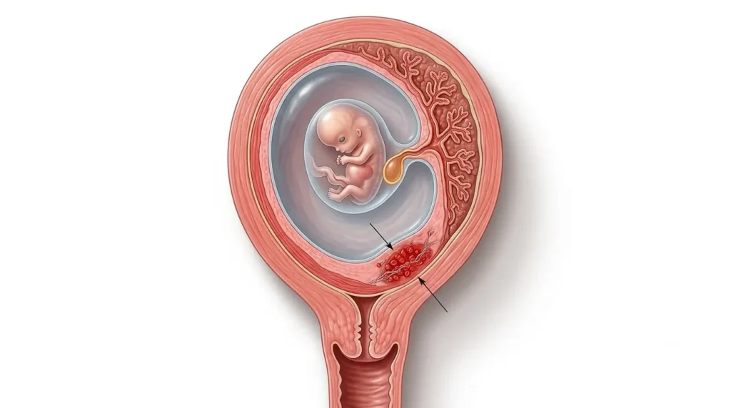 Medical illustration showing a decidual hemorrhage inside the uterine lining during early pregnancy.