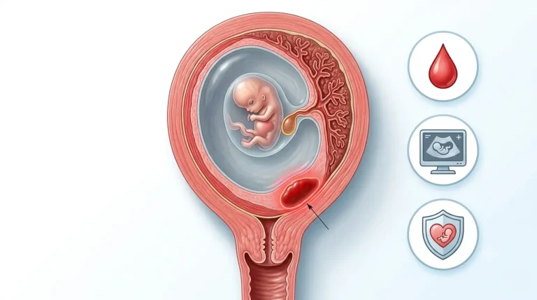 Cross-sectional illustration showing a decidual hemorrhage inside the uterine lining during early pregnancy.