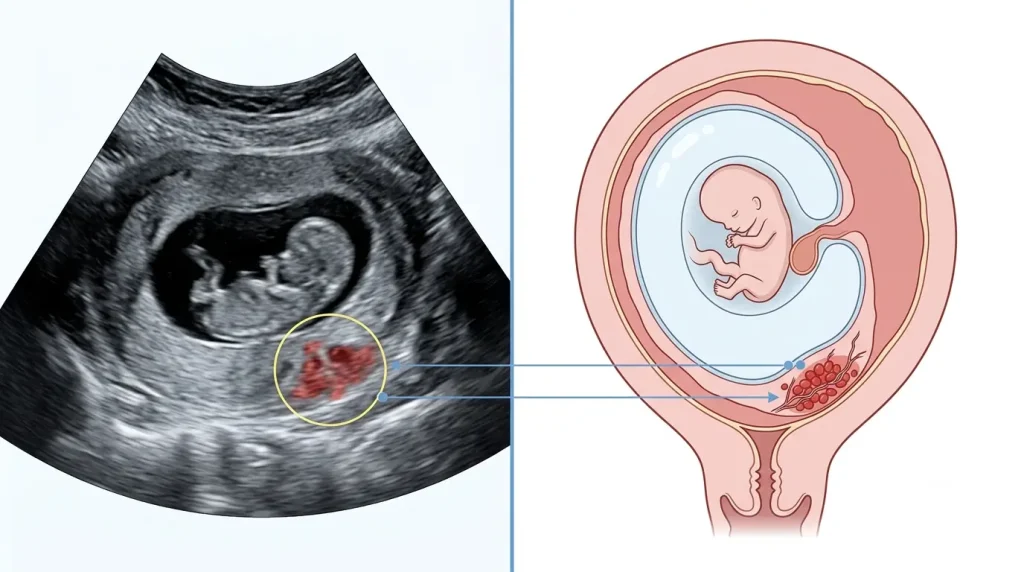 Ultrasound illustration showing the appearance and location of a decidual hemorrhage during early pregnancy.