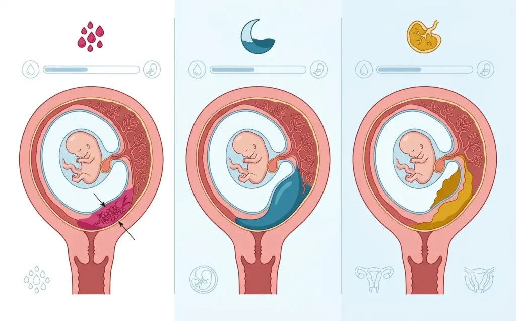 Comparison illustration showing the difference between a decidual hemorrhage, subchorionic hematoma, and placental abruption.