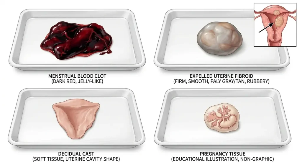 Medical comparison showing the differences between an expelled fibroid, a large menstrual blood clot, a decidual cast, and miscarriage tissue.