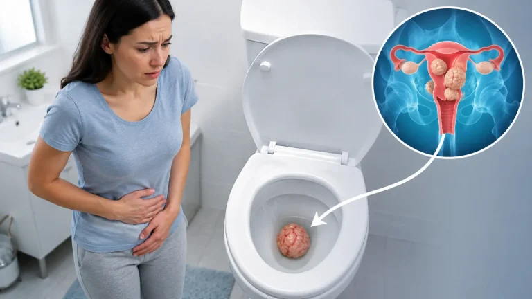 Woman looking into a toilet after passing tissue with a medical illustration showing uterine fibroids inside the uterus.